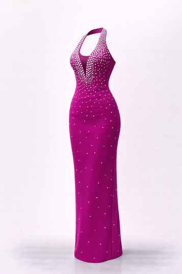 Robe de soirée fuchsia dos nu ornée de perles